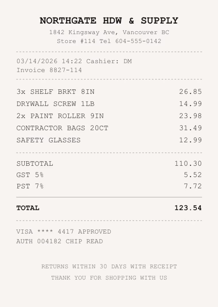 Sample hardware store receipt used for the extraction test