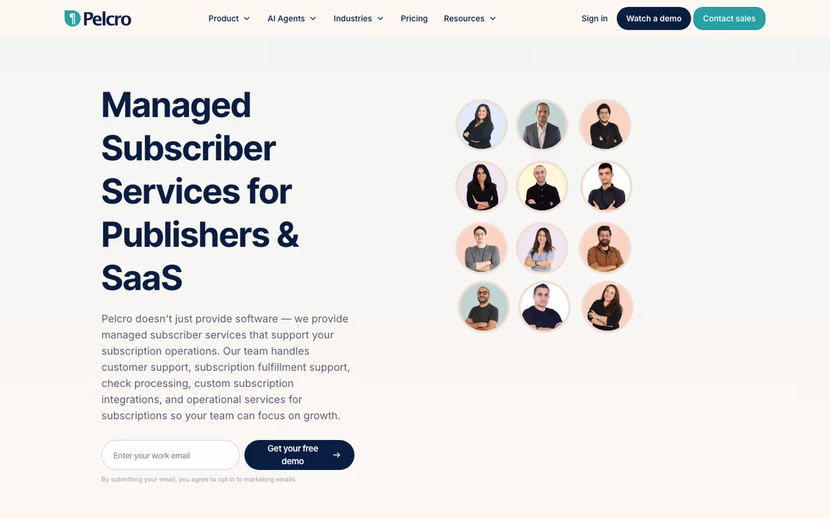 The same Subscriber Services page on the new pelcro.com, with the same headline, copy, and team photos in the same layout