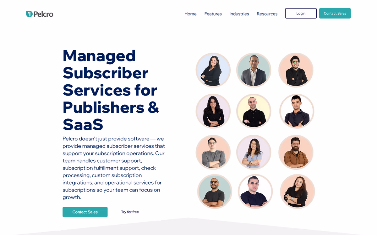 The Pelcro Subscriber Services page on the old Wix site, with the headline on the left and a grid of team photos on the right