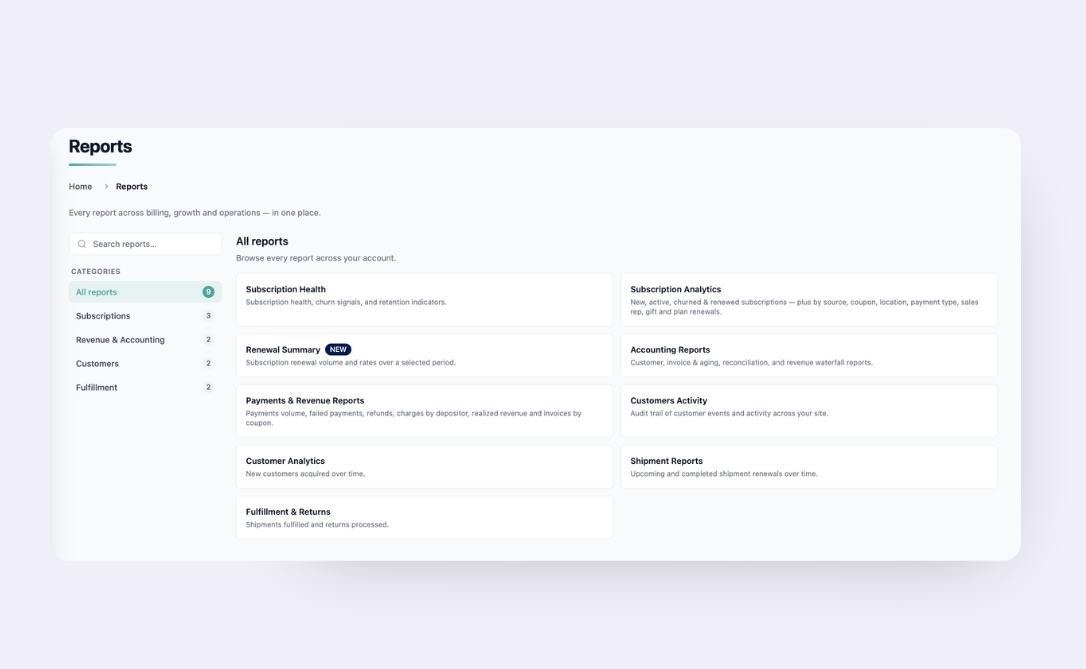 Unified Reports page showing all reports grouped by category — Subscriptions, Revenue & Accounting, Customers, and Fulfillment — with a search bar and category sidebar