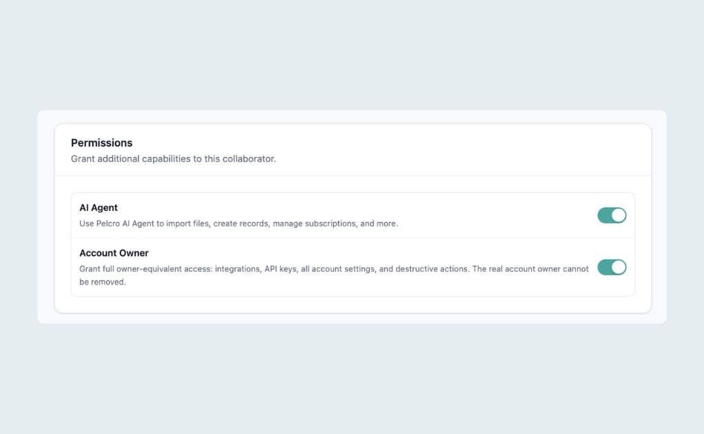 Collaborator permissions panel showing AI Agent and Account Owner toggles, both enabled