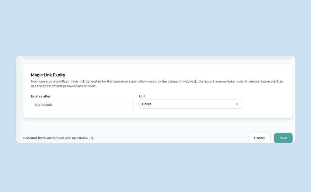 Magic Link Expiry setting showing an "Expires after" field and an hours/days unit selector