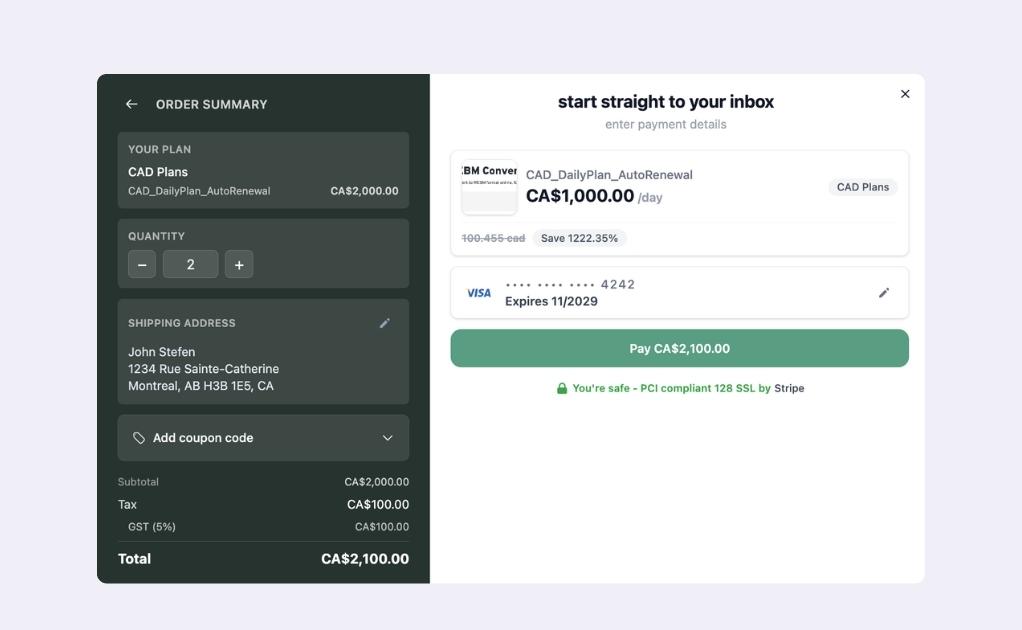 Checkout flow showing an order summary with a quantity stepper set to 2 and the corresponding total on the payment step