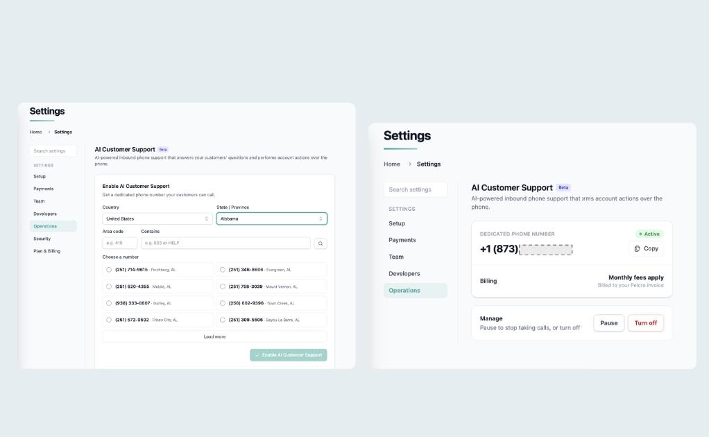 AI Customer Support settings showing dedicated phone number setup with country and area code selection, and the enabled state with an active number, billing note, and pause/turn off controls