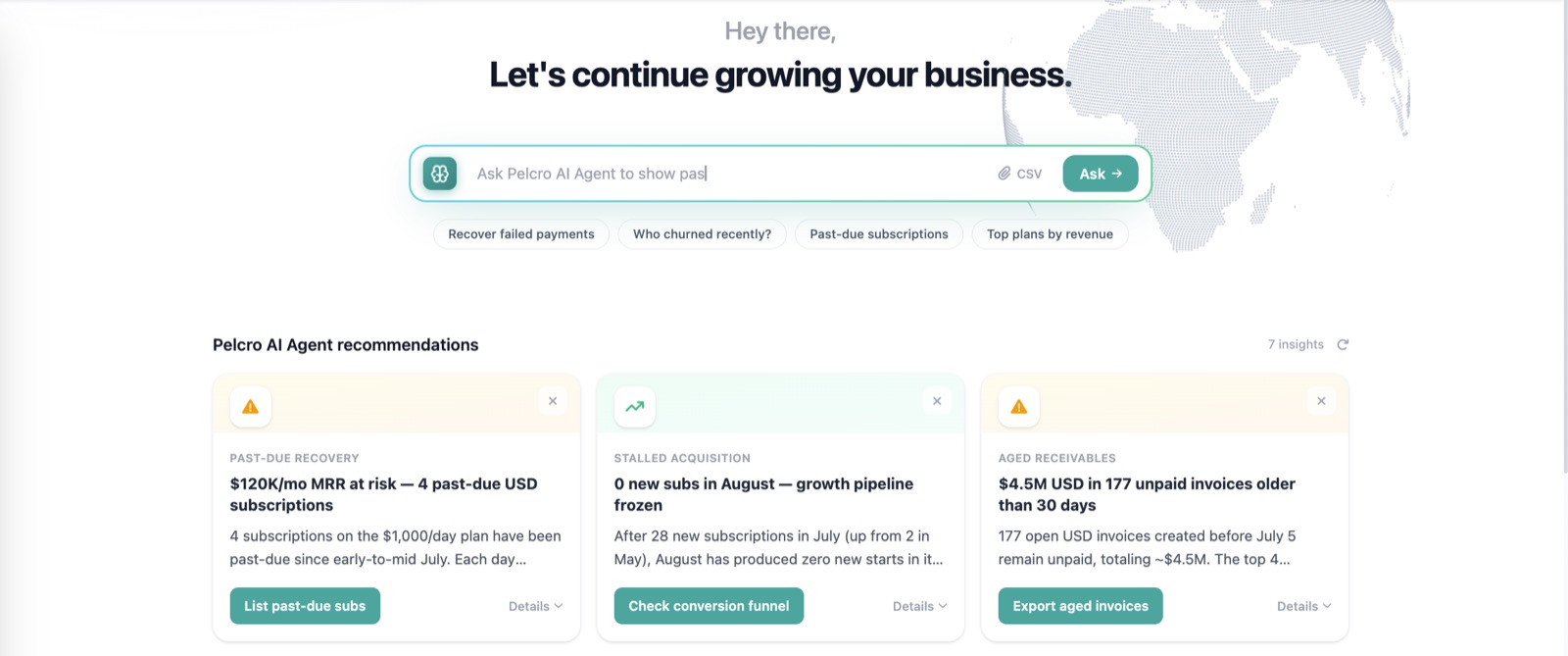 Pelcro AI Agent recommendations page with an Ask AI search bar, example prompts, and recommendation cards for past-due recovery, stalled acquisition, and aged receivables