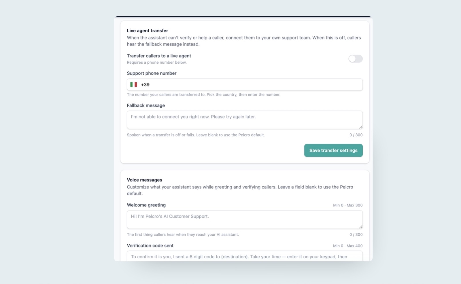 AI Voice Agent Live Agent Transfer settings with an enable toggle, support phone number, and fallback message, above configurable Voice messages fields