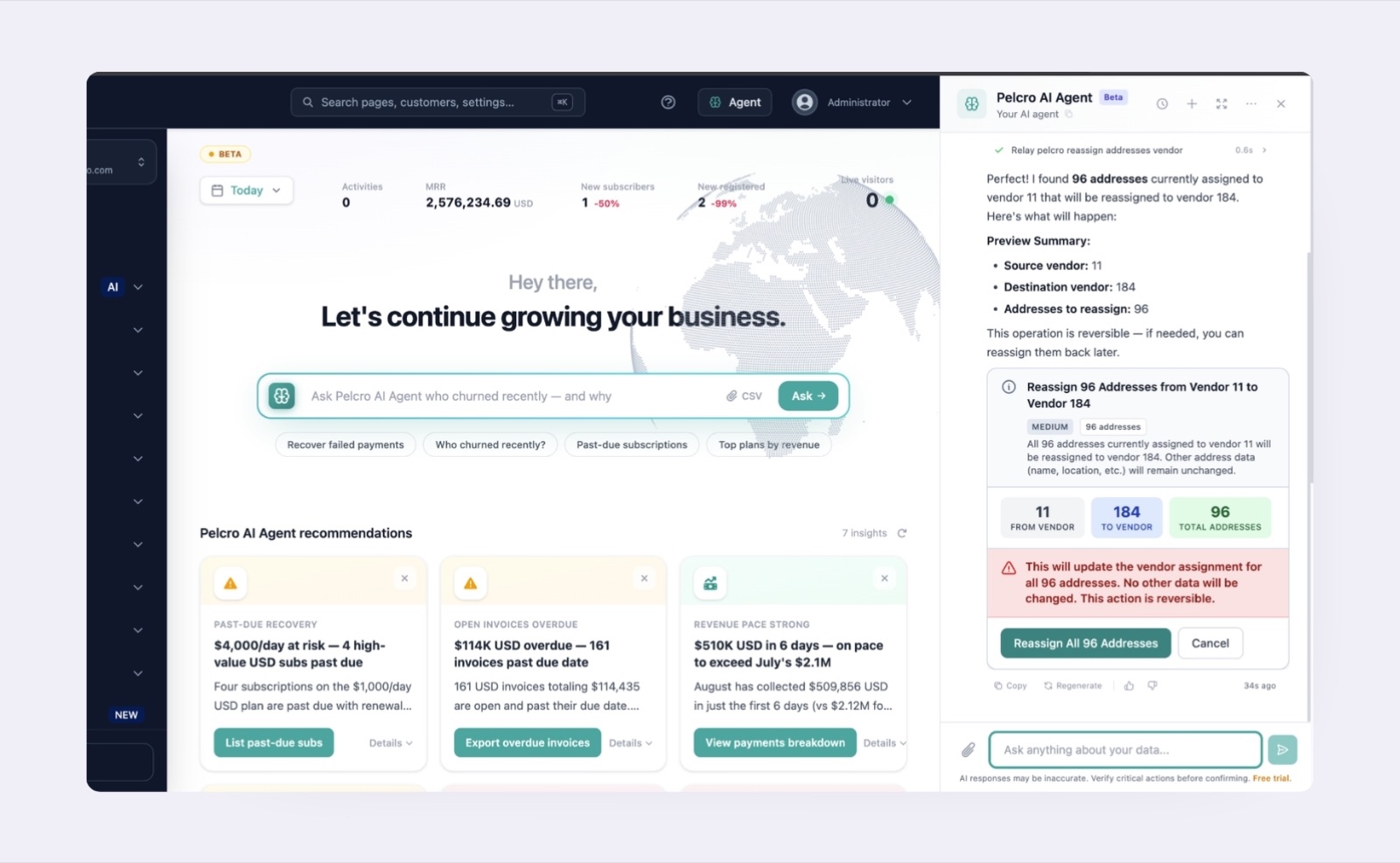 Pelcro AI Agent panel confirming a bulk reassignment of 96 addresses from vendor 11 to vendor 184, with a reversible-action summary and a Reassign All Addresses button