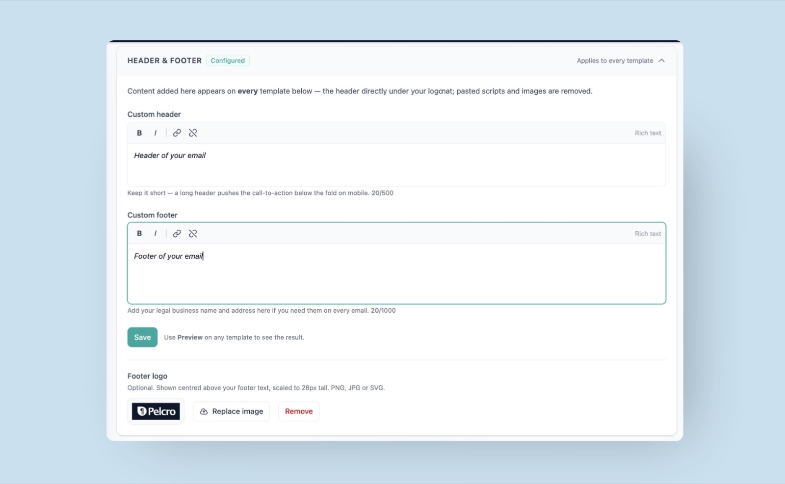 Email Center Header & Footer settings with custom header and footer rich-text fields and a footer logo, applied to every automated email template