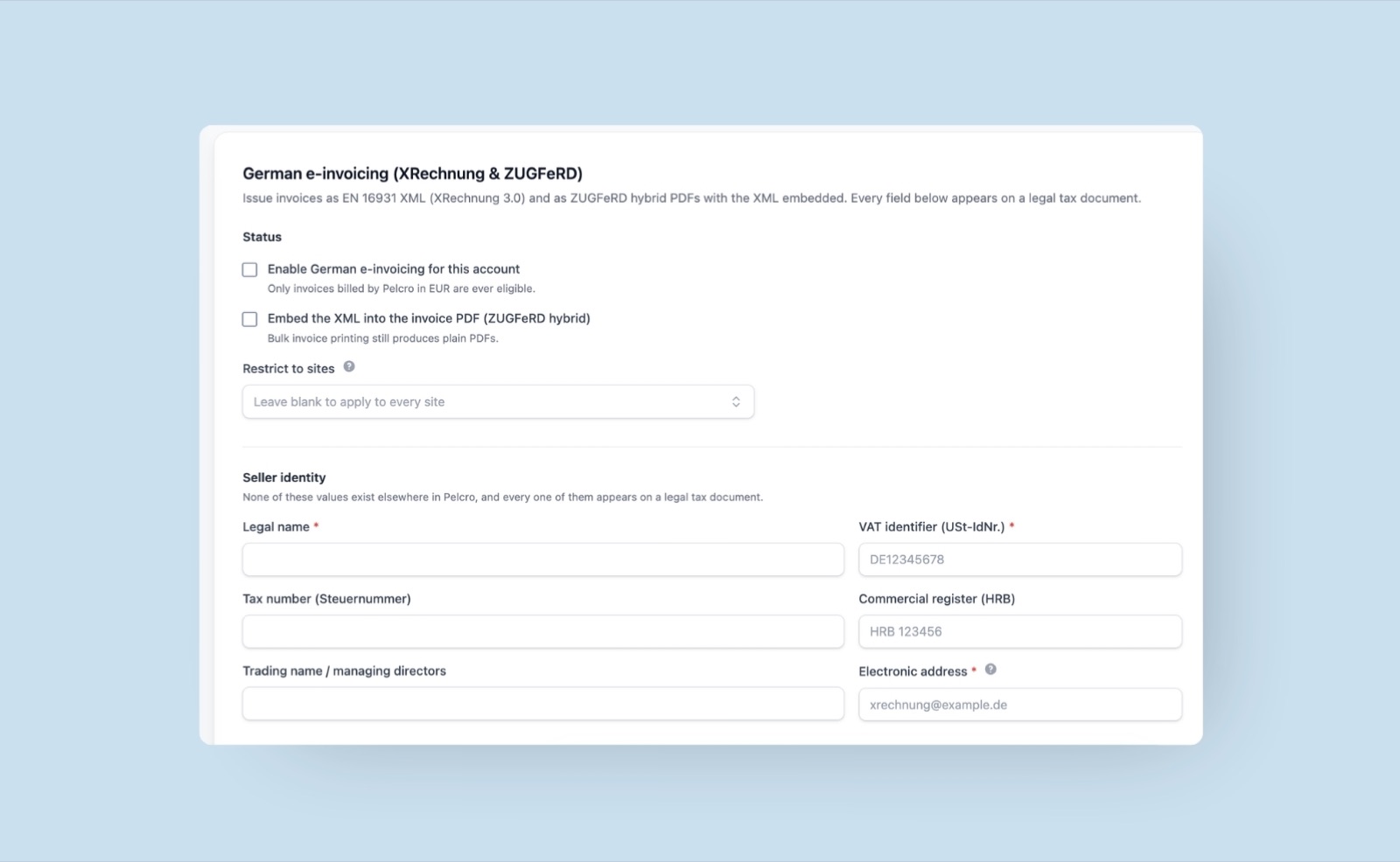 German e-invoicing (XRechnung & ZUGFeRD) settings with enable toggles and a Seller identity form for legal name, VAT identifier, tax number, and electronic address