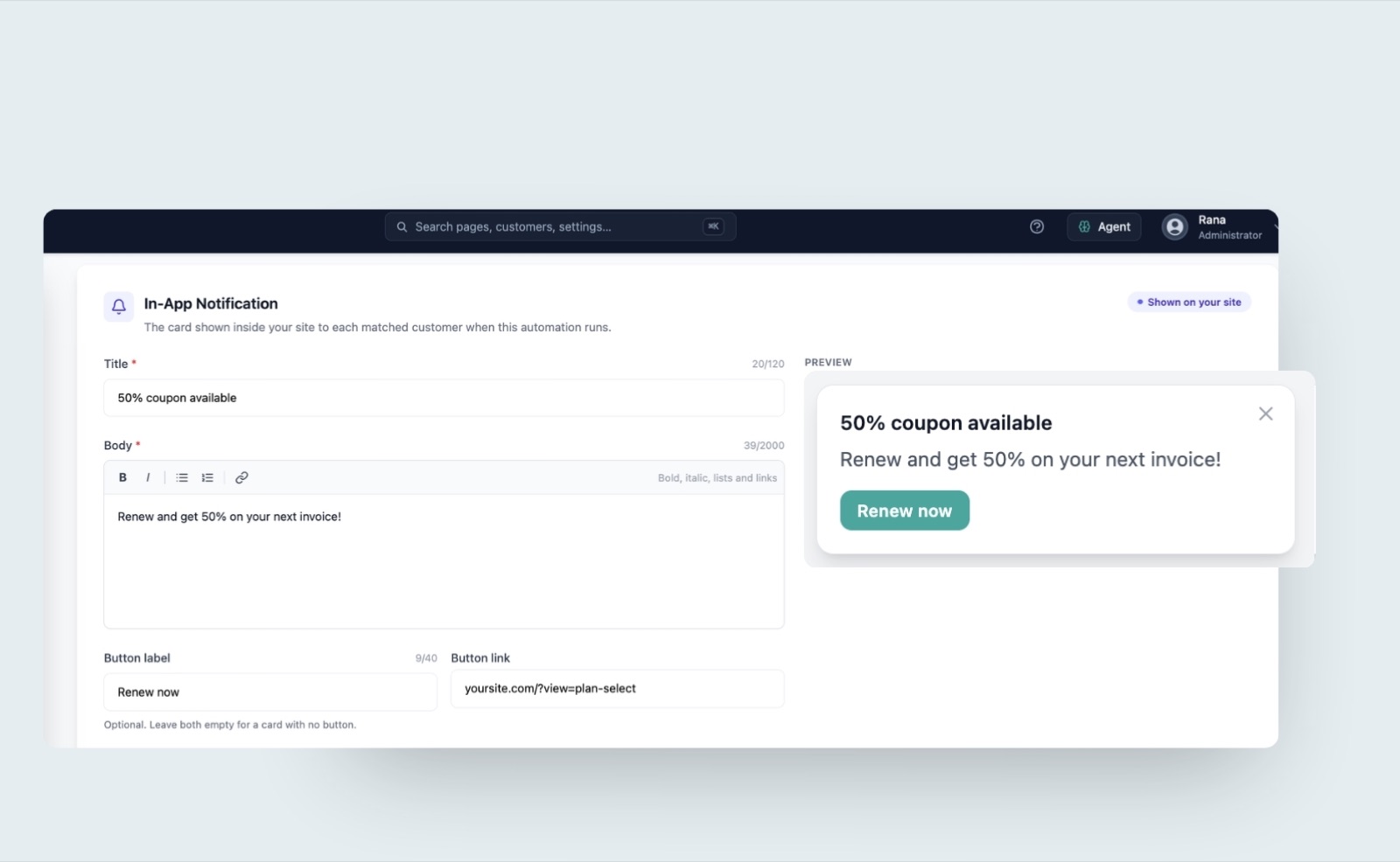Automation builder's In-App Notification composer with title, rich-text body, and CTA fields, alongside a live preview of the "50% coupon available" card shown on the customer's site