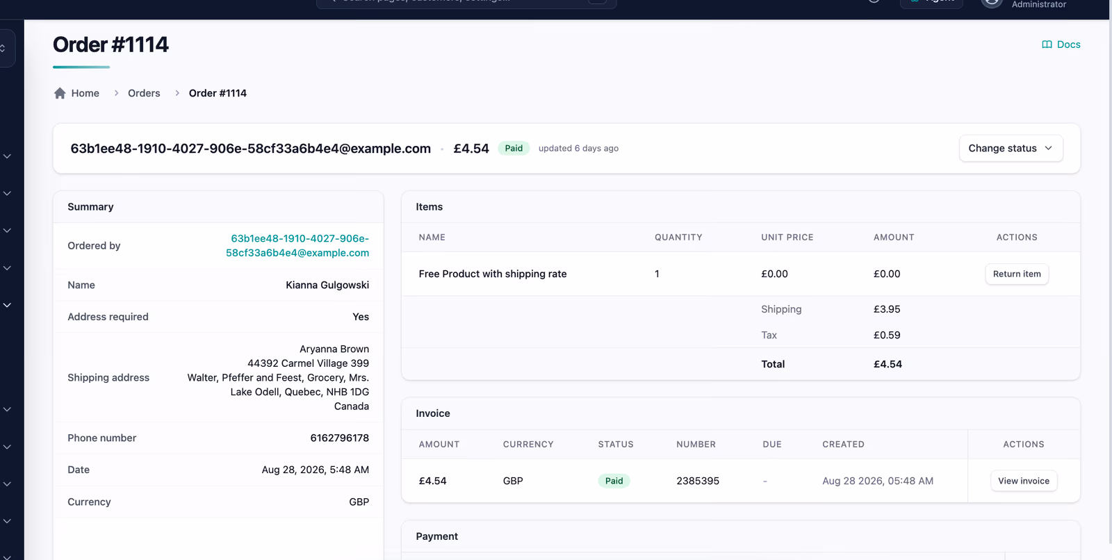 Modernized Pelcro Order #1114 page showing order summary, line items, and invoice details in the platform's current dashboard interface