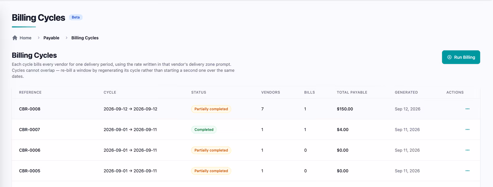 Billing Cycles list under Payable, with a Run Billing button and cycles showing reference, cycle window, vendors, bills, total payable, and status
