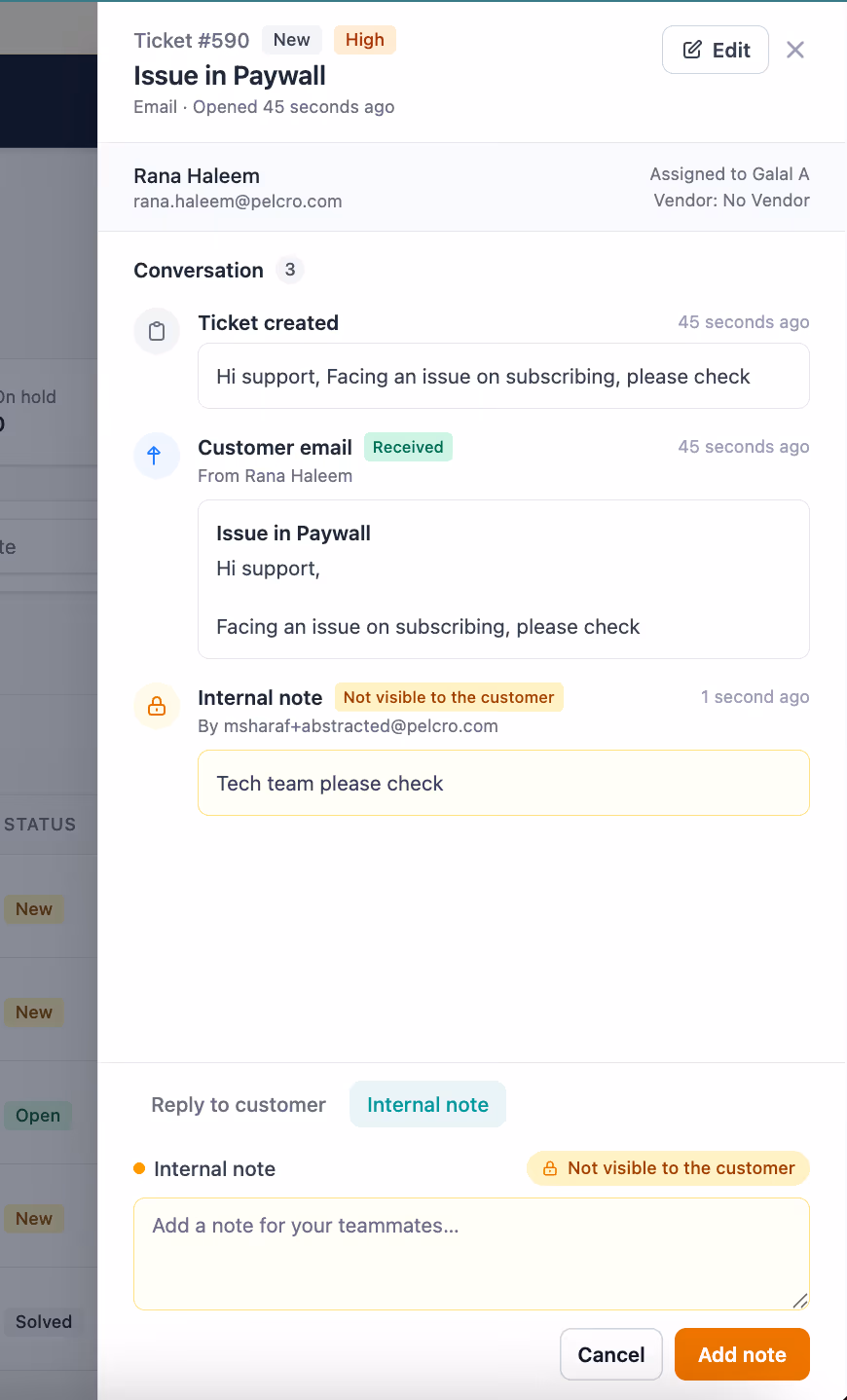 Support ticket #590 "Issue in Paywall" with a conversation timeline, an inbound customer email, and an internal note marked not visible to the customer