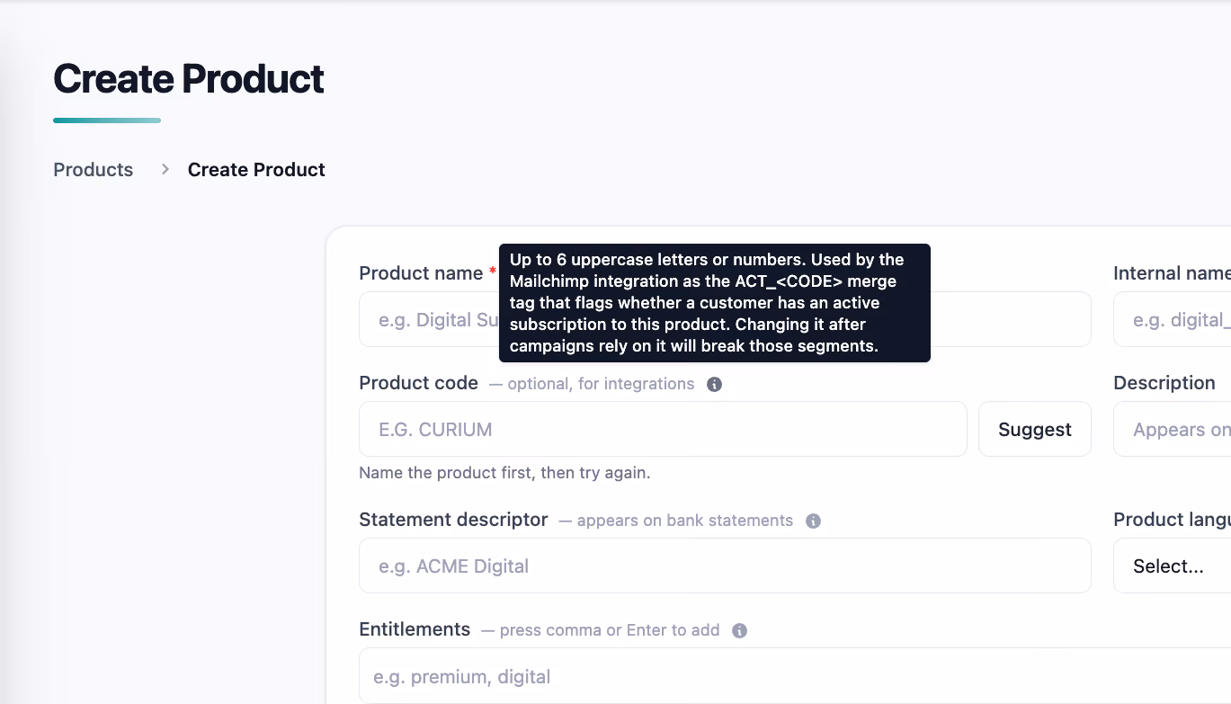 Create Product form with the new Product code field and a tooltip explaining the per-product ACT_ Mailchimp merge tag, plus a Suggest button
