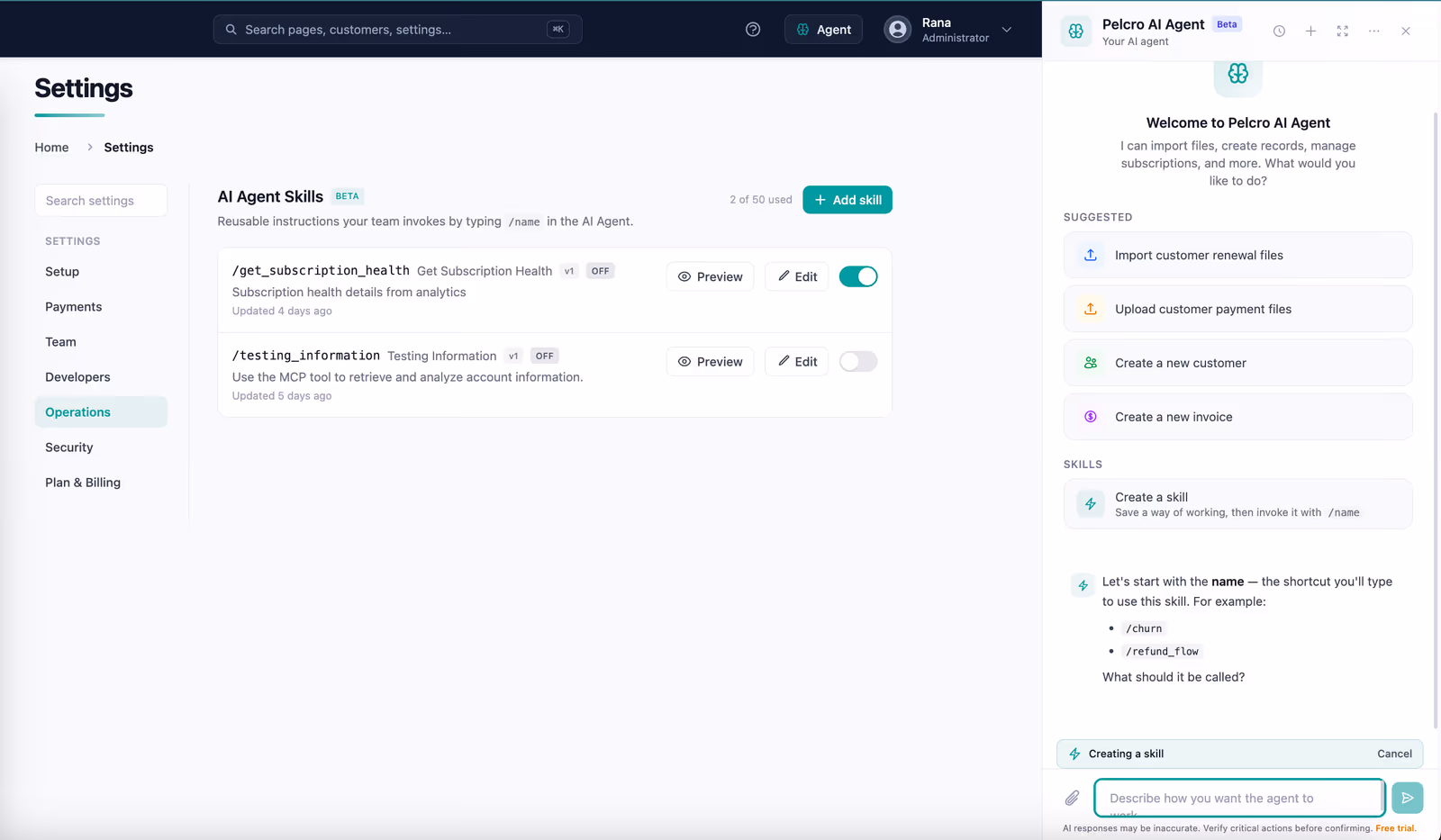AI Agent Skills settings under Settings, Operations, listing saved reusable rules and processes that apply automatically to new AI Agent conversations