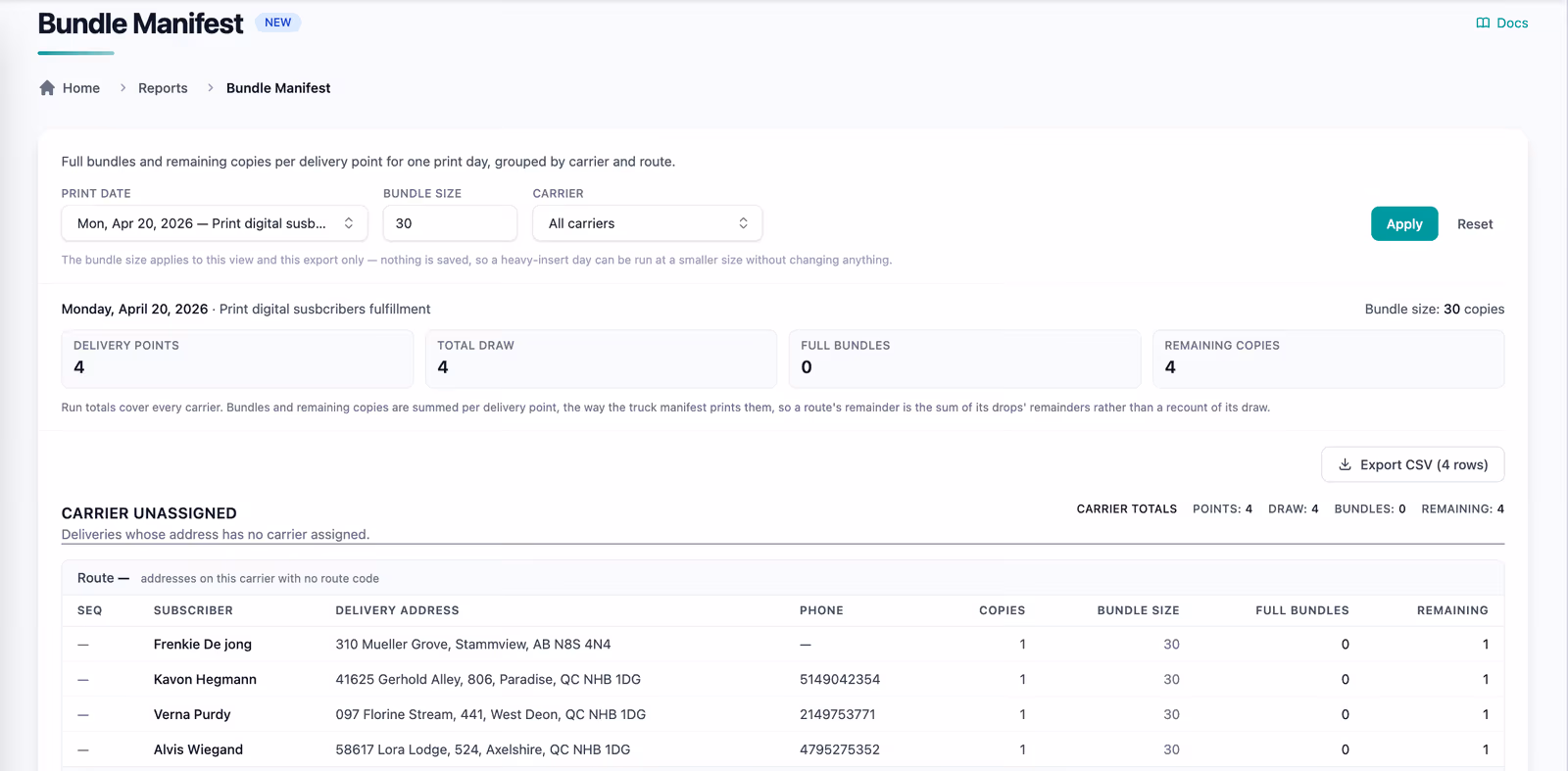 Bundle Manifest Report grouped by vendor and route, listing each delivery point's draw, bundle size, full bundles, and remaining copies for a selected print day