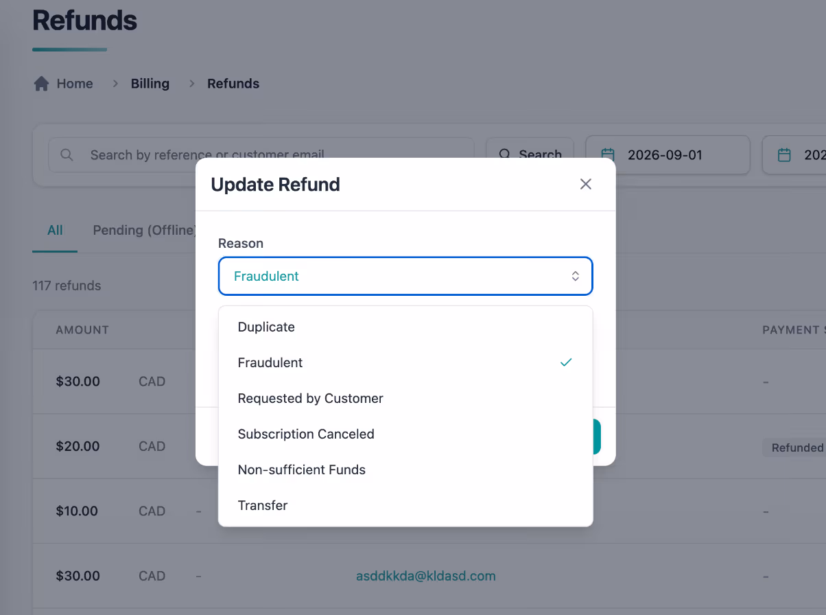 Refund reason selector showing the new Transfer and Non-sufficient funds options alongside the existing refund reasons