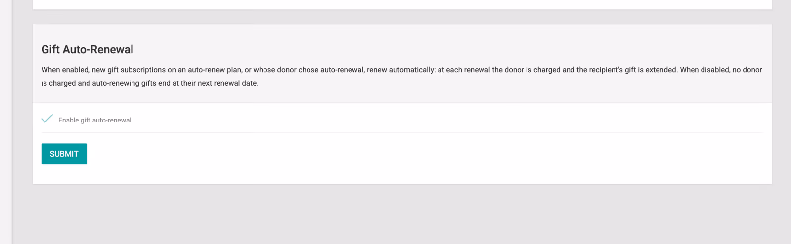 Auto-renewing gift subscription creating a renewal invoice against the donor's payment method and adding a new phase to the recipient's subscription