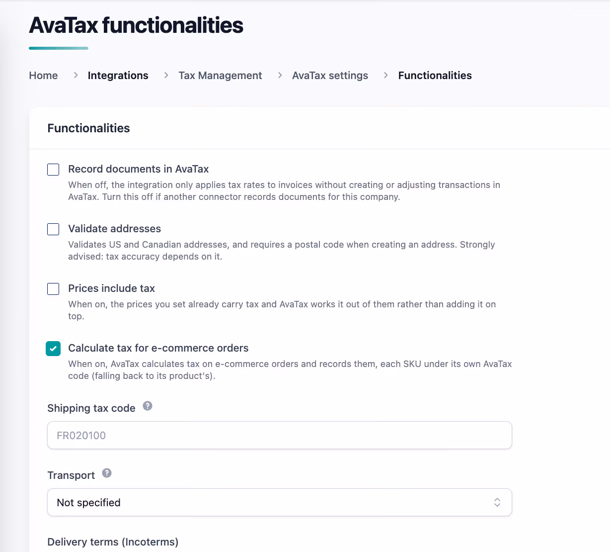 eCommerce checkout calculating AvaTax tax per SKU, with the tax reflected on the resulting order and invoice