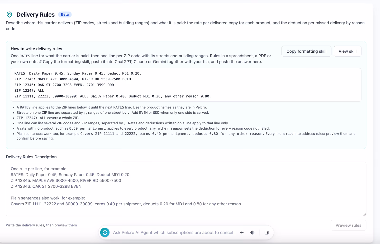 AI Shipping Agent configuration setting carrier rates by route and product, with natural-language address rules for ZIP ranges, street names, and building numbers