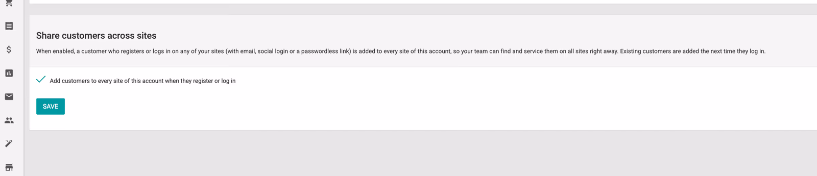 Settings, Account info, with the Share customers across sites option enabled so new registrations attach to every site under the account