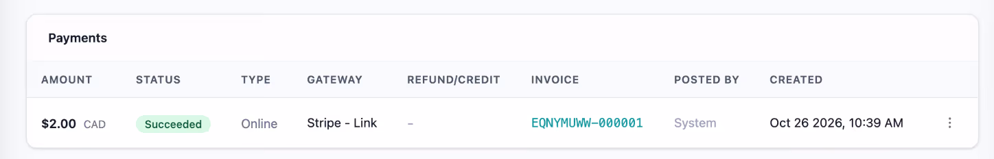 Customer payment methods showing a Stripe Link payment method with a clear label, usable for renewals and invoice payments