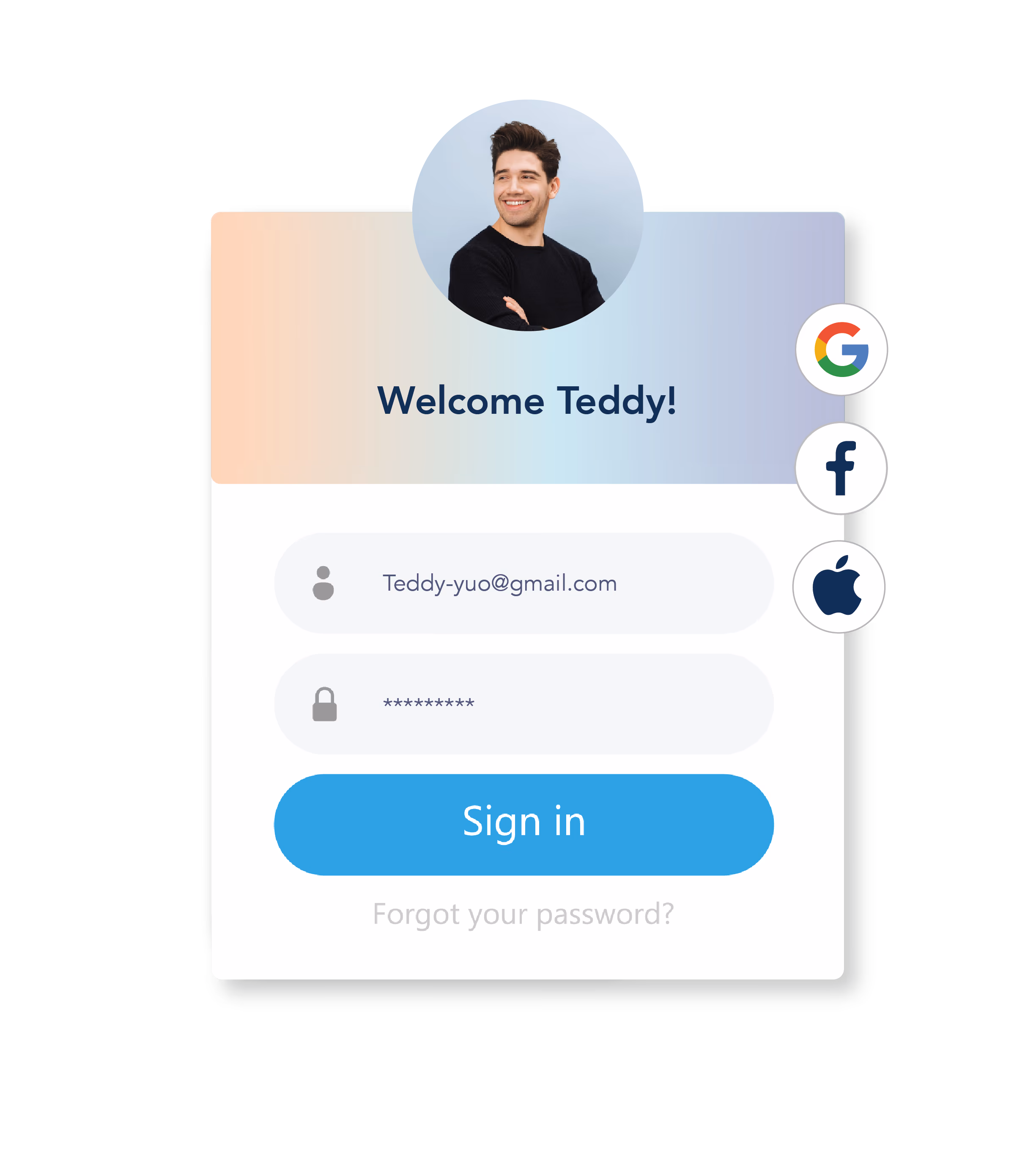 User Dashbaord with google, apple and facebook login options 