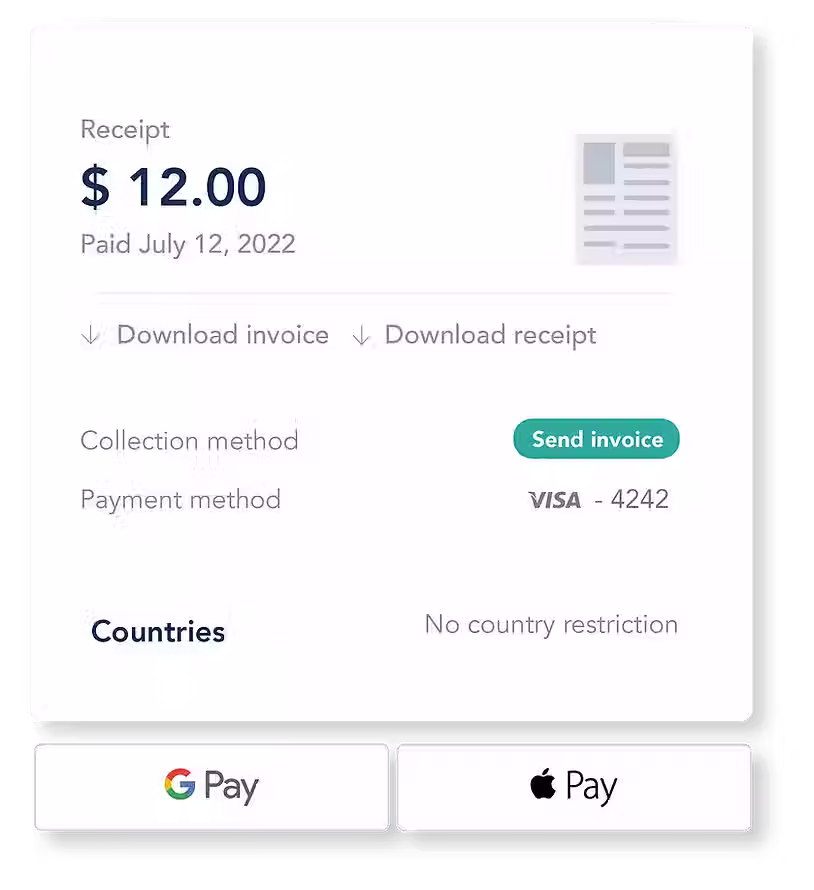 Receipt with download invoice, Google Pay and Apple Pay options