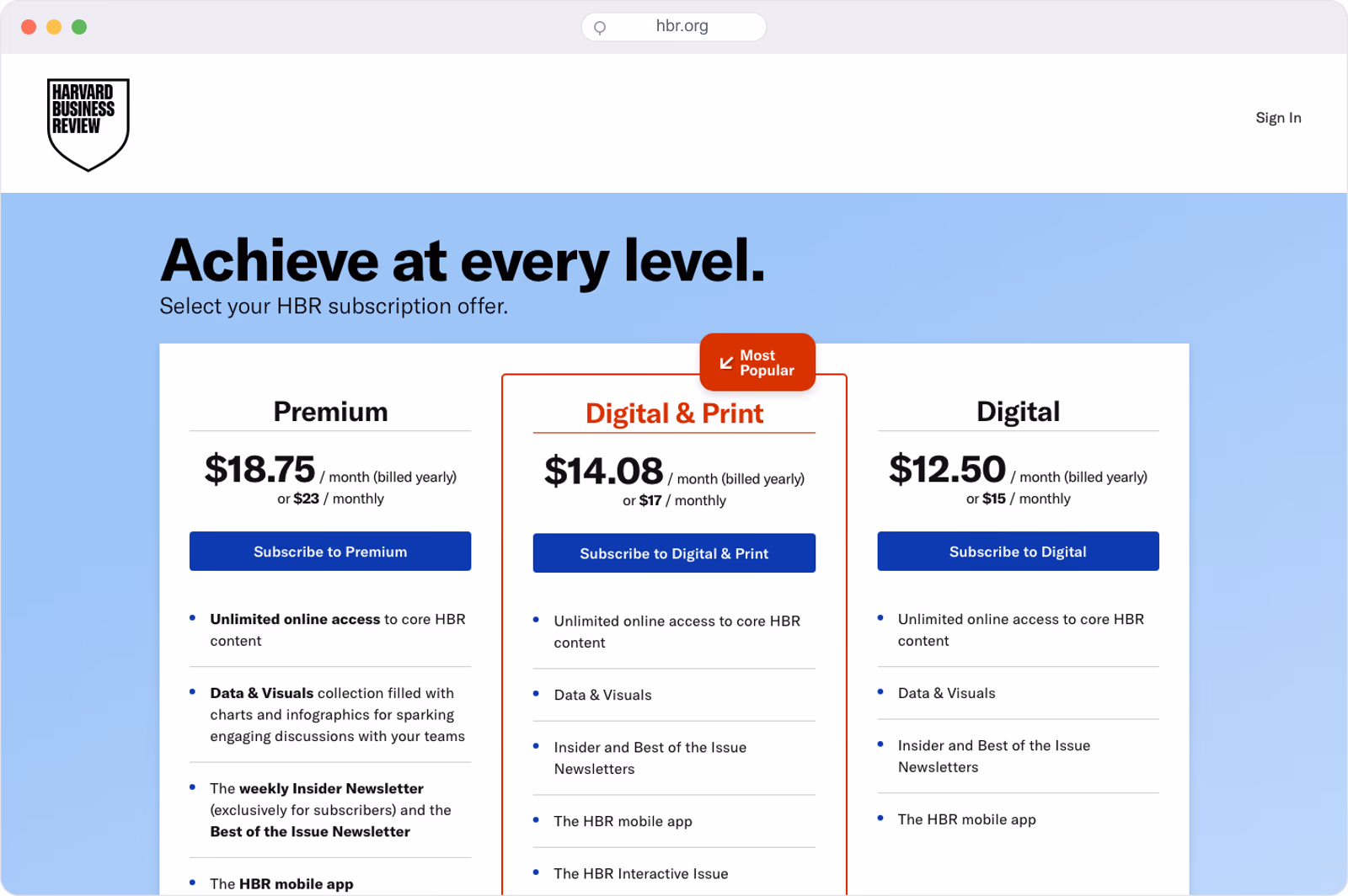 Harvard Business Review subscription tiers