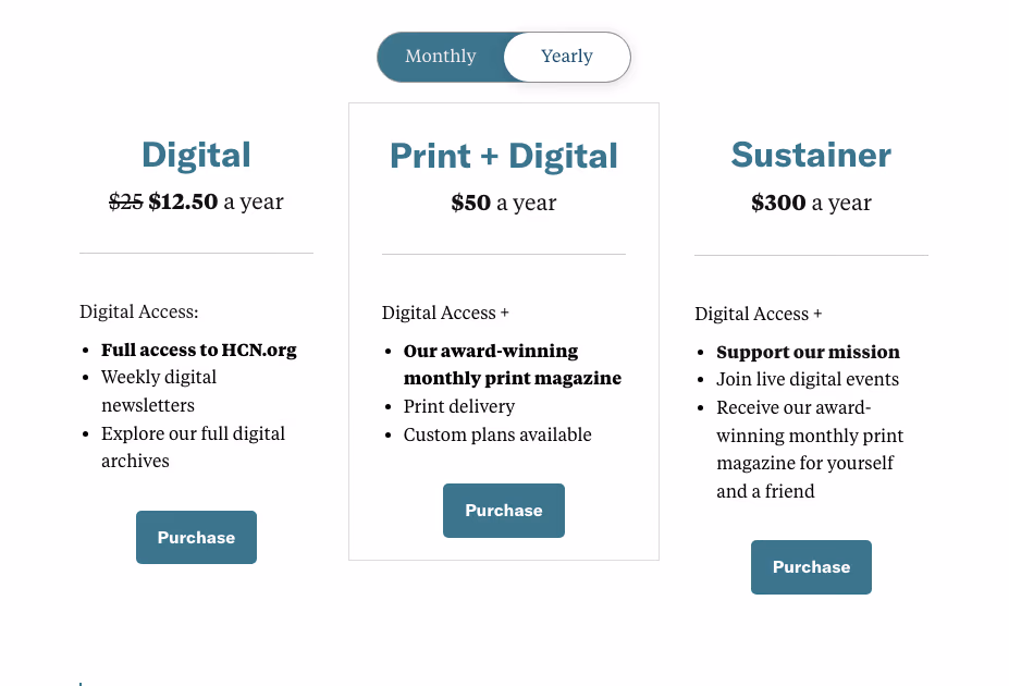 High Country News membership page showing Digital, Print + Digital, and Sustainer subscription plans powered by Pelcro