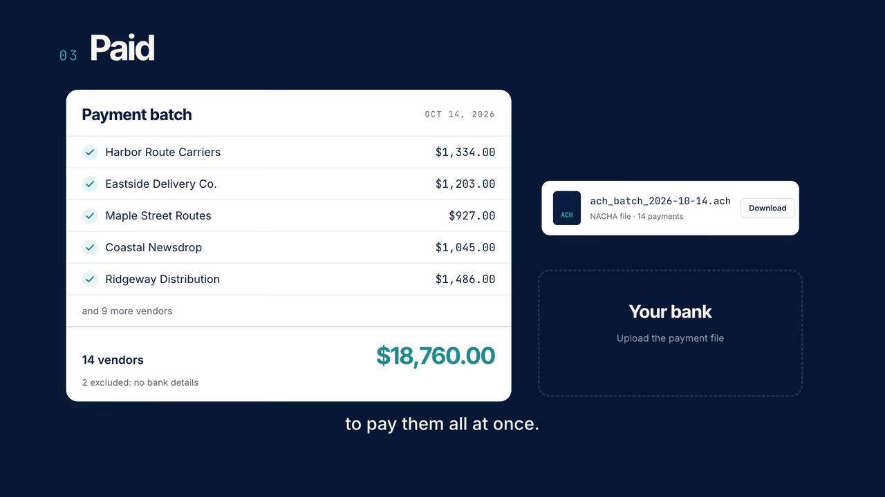 Pelcro accounts payable: every vendor, paid in one batch